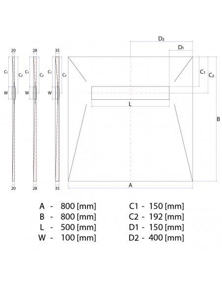 Technische Tekening: Vinyl Vloer Doucheplaat 800 X 800 Mm Wiper Showerlay VF Douchegoot Type Ponente