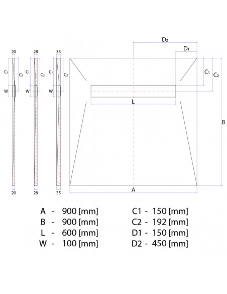 Technische Tekening: Vinyl Vloer Doucheplaat 900 X 900 Mm Wiper Showerlay VF Douchegoot Type Ponente