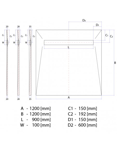 Technische Tekening: Vinyl Vloer Doucheplaat 1200 X 1200 Mm Wiper Showerlay VF Douchegoot Type Ponente