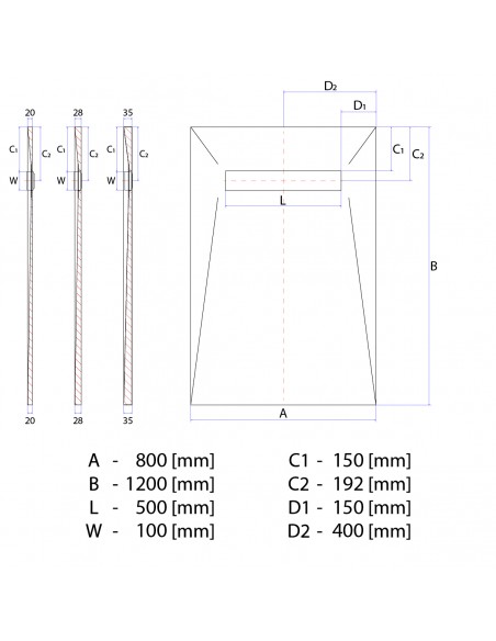 Technische Tekening: Vinyl Vloer Doucheplaat 800 X 1200 Mm Wiper Showerlay VF Douchegoot Type Ponente