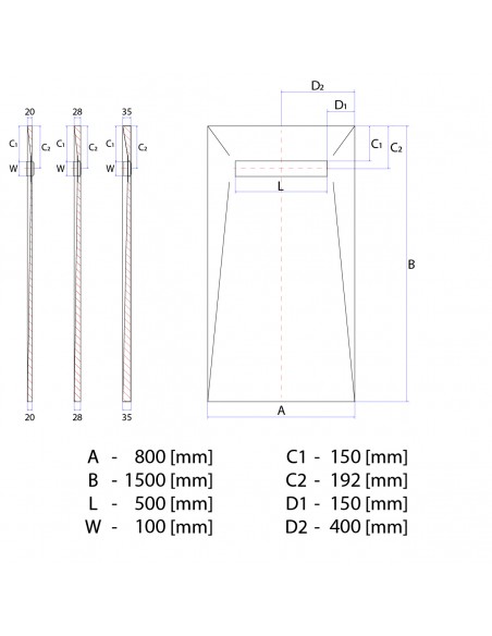 Technische Tekening: Vinyl Vloer Doucheplaat 800 X 1500 Mm Wiper Showerlay VF Douchegoot Type Ponente