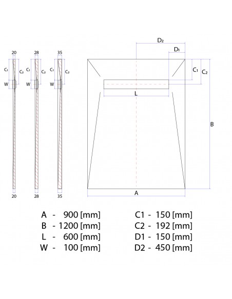 Technische Tekening: Vinyl Vloer Doucheplaat 900 X 1200 Mm Wiper Showerlay VF Douchegoot Type Ponente