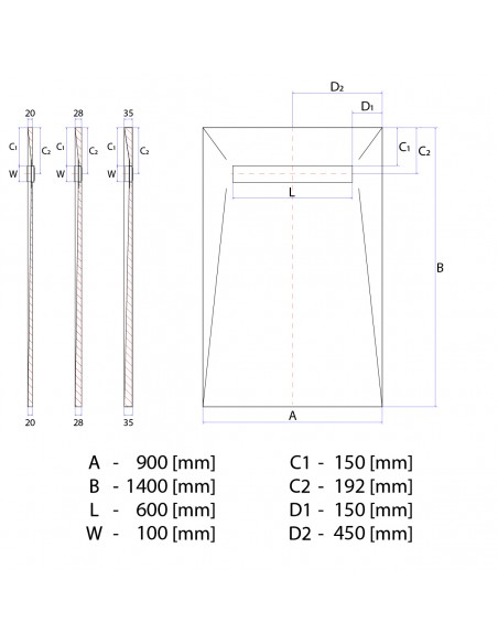 Technische Tekening: Vinyl Vloer Doucheplaat 900 X 1400 Mm Wiper Showerlay VF Douchegoot Type Ponente