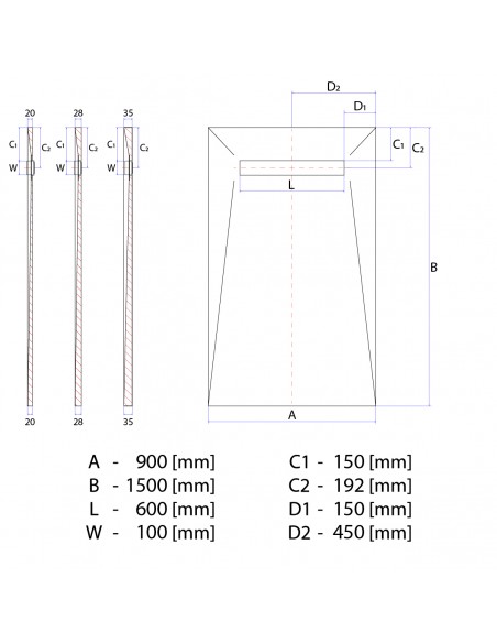 Technische Tekening: Vinyl Vloer Doucheplaat 900 X 1500 Mm Wiper Showerlay VF Douchegoot Type Ponente