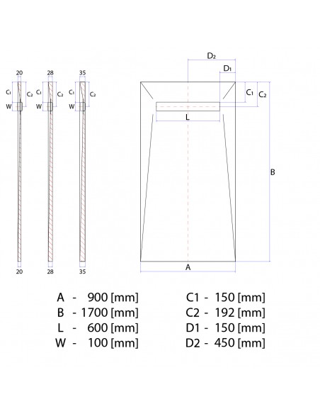 Technische Tekening: Vinyl Vloer Doucheplaat 900 X 1700 Mm Wiper Showerlay VF Douchegoot Type Ponente