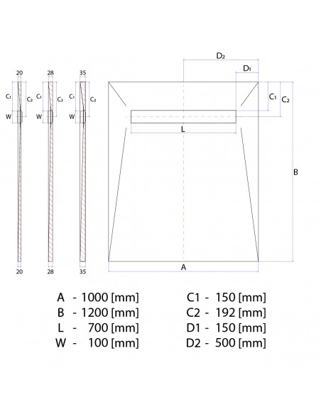 Technische Tekening: Vinyl Vloer Doucheplaat 1000 X 1200 Mm Wiper Showerlay VF Douchegoot Type Ponente