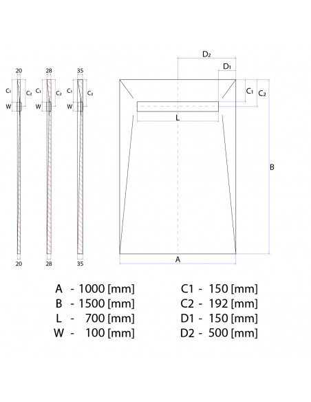 Technische Tekening: Vinyl Vloer Doucheplaat 1000 X 1500 Mm Wiper Showerlay VF Douchegoot Type Ponente