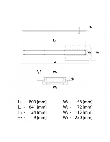 Technisch schema: Douchegoot Wiper Elite PVD 800 mm Ponente Messing