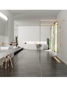 Luxueuze badkamer in zwart-wit colourenschema inclusief inloopdouche in het midden van de ruimte
