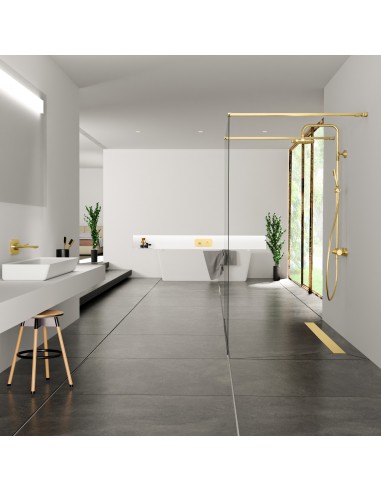 Luxueuze badkamer in zwart-wit colourenschema inclusief inloopdouche in het midden van de ruimte