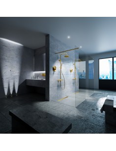 Esthetische badkamer in blauwgrijs met een ruime dubbele douche en inrichting in Messing