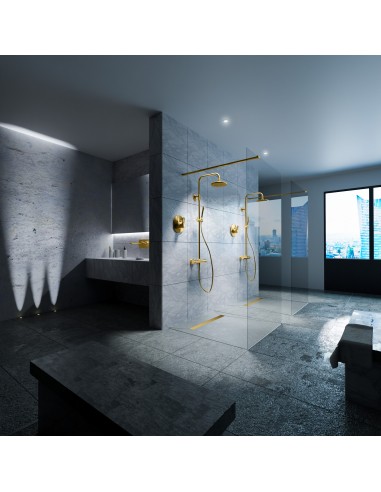 Esthetische badkamer in blauwgrijs met een ruime dubbele douche en inrichting in Messing