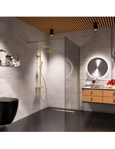 Badkamerinspiratie in een donker colourenconcept gecombineerd met warme houten elementen en sanitair in Messing