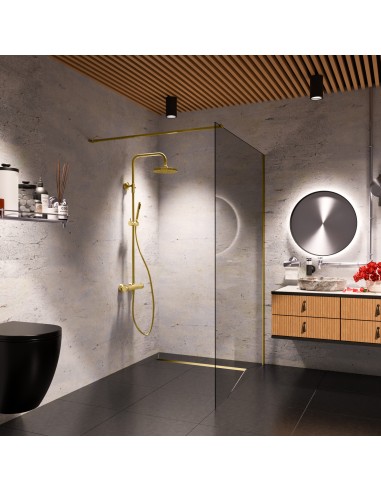 Badkamerinspiratie in een donker colourenconcept gecombineerd met warme houten elementen en sanitair in Messing