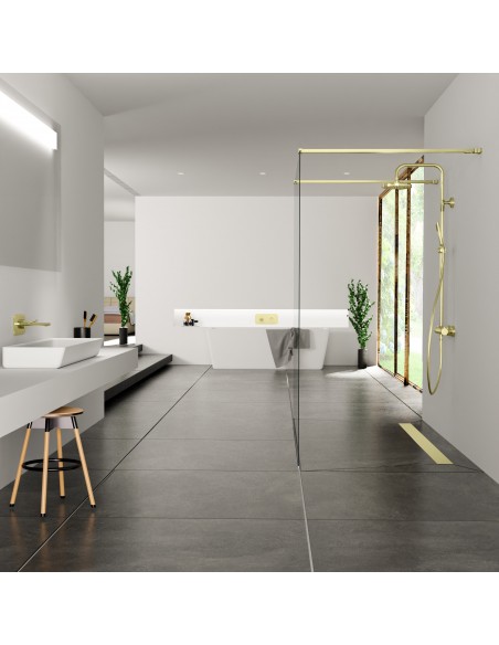 Luxueuze Badkamer In Zwart - Wit Colourenschema Inclusief Inloopdouche In Het Midden Van De Ruimte