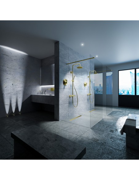 Esthetische Badkamer In Blauwgrijs Met Een Ruime Dubbele Douche En Inrichting In Goud