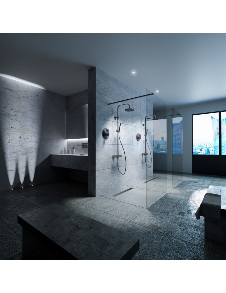 Esthetische Badkamer In Blauwgrijs Met Een Ruime Dubbele Douche En Inrichting In Zwart - Solid Cover Side