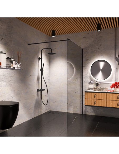 Badkamerinspiratie In Een Donker Colourenconcept Gecombineerd Met Warme Houten Elementen En Sanitair In Zwart - Tiled Cove...