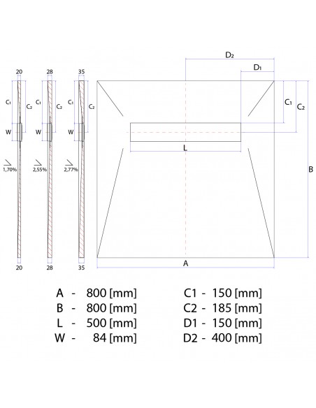 Technisch Schema: Betegelbare Doucheplaat Wiper Showerlay Elite PVD 800 X 800 Pure Zilver