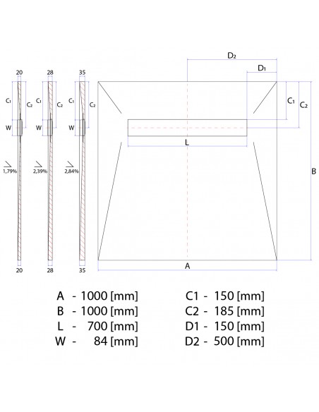 Technisch Schema: Betegelbare Doucheplaat Wiper Showerlay Elite PVD 1000 X 1000 Pure Zilver