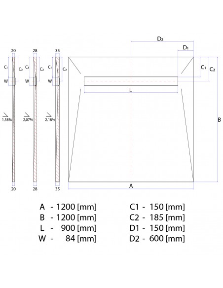 Technisch Schema: Betegelbare Doucheplaat Wiper Showerlay Elite PVD 1200 X 1200 Pure Zilver