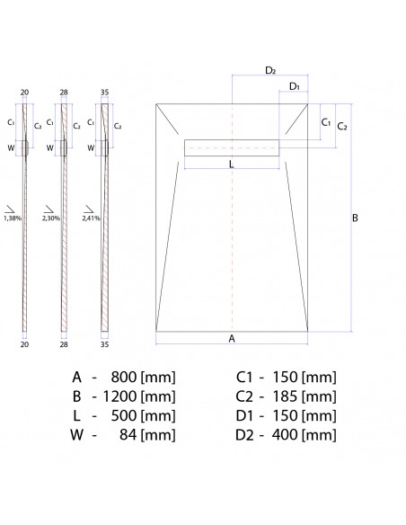 Technisch Schema: Betegelbare Doucheplaat Wiper Showerlay Elite PVD 800 X 1200 Pure Zilver