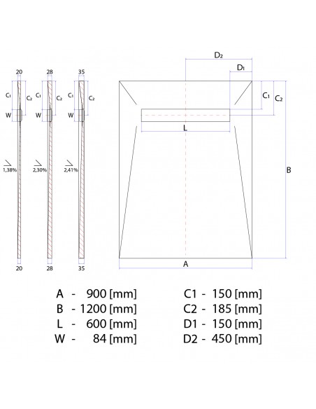 Technisch Schema: Betegelbare Doucheplaat Wiper Showerlay Elite PVD 900 X 1200 Pure Zilver