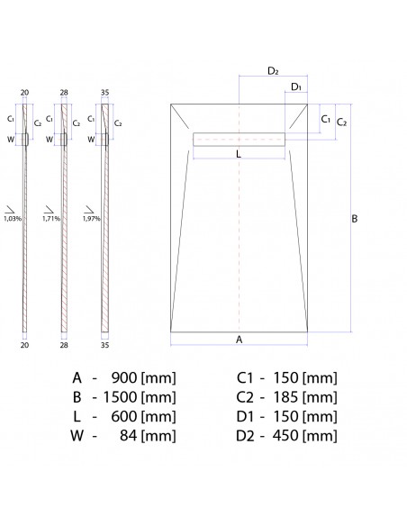 Technisch Schema: Betegelbare Doucheplaat Wiper Showerlay Elite PVD 900 X 1500 Pure Zilver