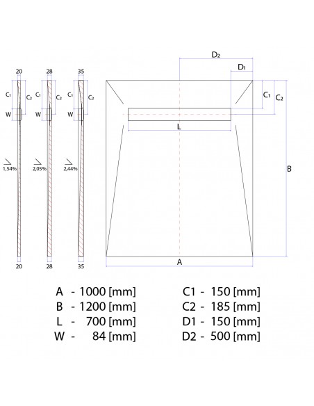 Technisch Schema: Betegelbare Doucheplaat Wiper Showerlay Elite PVD 1000 X 1200 Pure Zilver