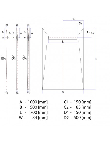 Technisch Schema: Betegelbare Doucheplaat Wiper Showerlay Elite PVD 1000 X 1500 Pure Zilver