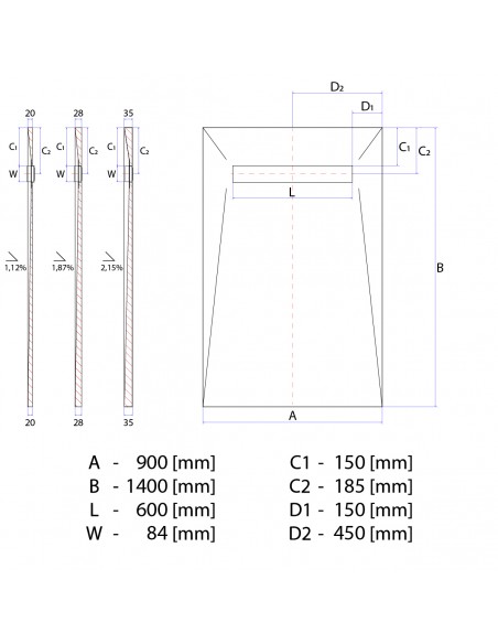 Technisch Schema: Betegelbare Doucheplaat Wiper Showerlay Elite PVD 900 X 1400 Pure Zilver