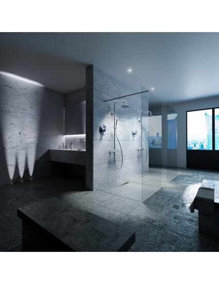 Esthetische Badkamer In Blauw - Grijs Met Een Ruime Dubbele Douche En Inrichting In Zilver