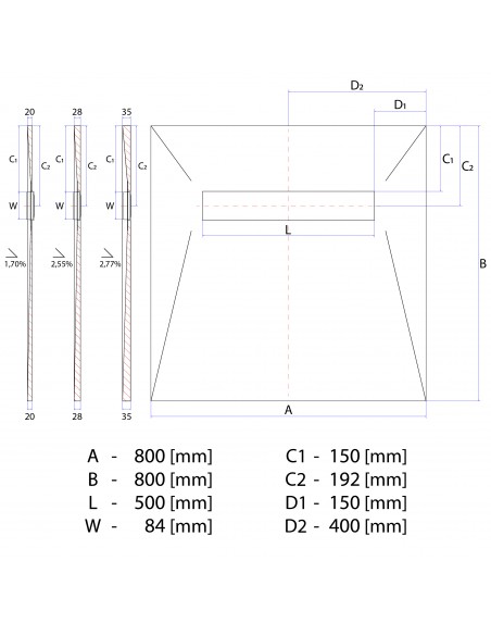 Technische Tekening: Resinbase Wiper 800 X 800 Mm MCR PVD Zonda Silver