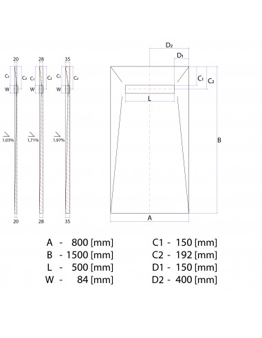 Technische tekening: Resinbase Wiper 800 x 1500 mm MCR PVD Zonda Black