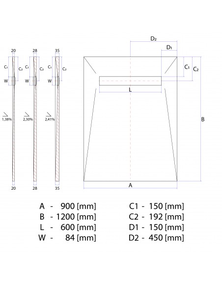 Technische Tekening: Resinbase Wiper 900 X 1200 Mm MCR PVD Reversible Silver