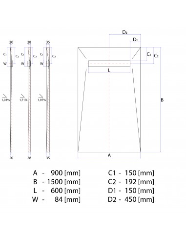 Technische tekening: Resinbase Wiper 900 x 1500 mm MCR PVD Tivano Silver
