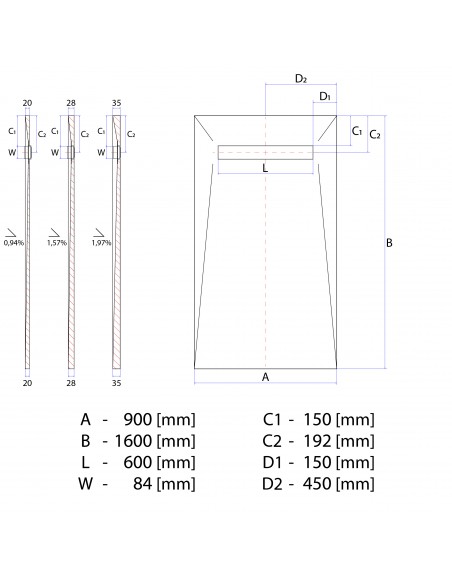 Technische Tekening: Resinbase Wiper 900 X 1600 Mm MCR PVD Reversible Silver