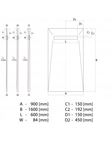 Technische tekening: Resinbase Wiper 900 x 1600 mm MCR PVD Reversible Black