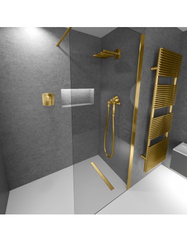 Moderne doucheruimte met grijze wanden en lichte microcement vloer, armaturen in Brass