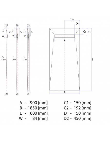 Technische Tekening: Resinbase Wiper 900 X 1850 Mm MCR PVD Reversible Silver