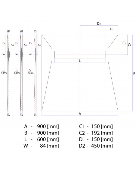 Technische Tekening Van Betegelbare Doucheplaat 900 X 900 Mm Wiper Showerlay Douchegoot Type Tivano