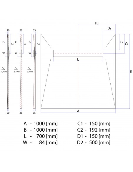 Technische Tekening Van Betegelbare Doucheplaat 1000 X 1000 Mm Wiper Showerlay Douchegoot Type Pure