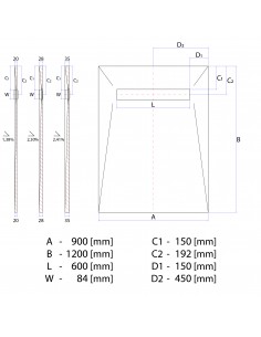 Technische tekening van Betegelbare doucheplaat 900 x 1200 mm Wiper Showerlay douchegoot type Pure