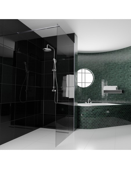 Donkere Badkamer Afgewerkt Met Zwart Groene Tegels En Mozaïek En Een Grote Inloopdouche