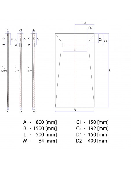 Technische Tekening Van Betegelbare Doucheplaat 800 X 1500 Mm Wiper Showerlay Douchegoot Type Sirocco