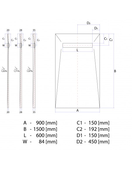 Technische Tekening Van Betegelbare Doucheplaat 900 X 1500 Mm Wiper Showerlay Douchegoot Type Sirocco