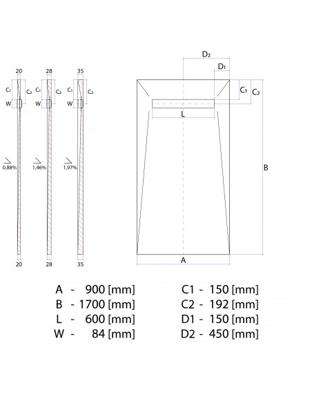 Technische Tekening Van Betegelbare Doucheplaat 900 X 1700 Mm Wiper Showerlay Douchegoot Type Sirocco