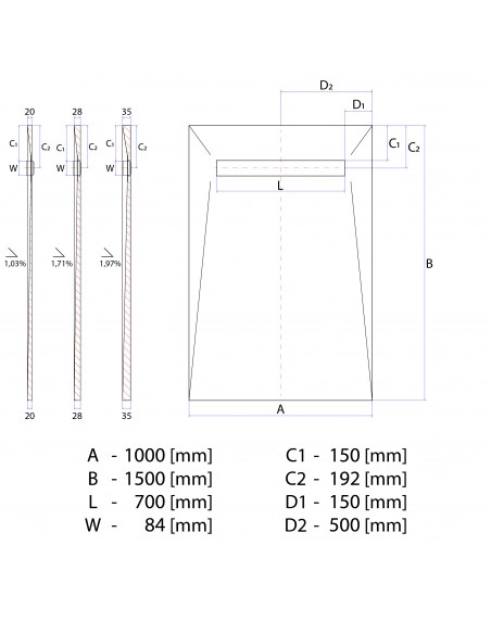 Technische Tekening Van Betegelbare Doucheplaat 1000 X 1500 Mm Wiper Showerlay Douchegoot Type Sirocco