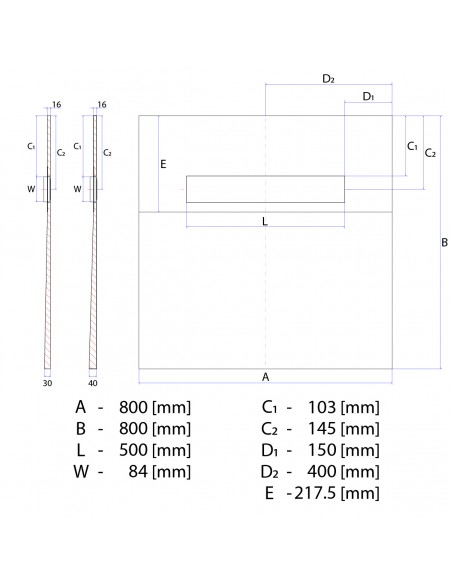 Technische Tekening Van Betegelbare Doucheplaat 800 X 800 Mm Wiper OneWay Douchegoot Type Zonda