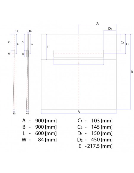 Technische Tekening Van Betegelbare Doucheplaat 900 X 900 Mm Wiper OneWay Douchegoot Type Sirocco